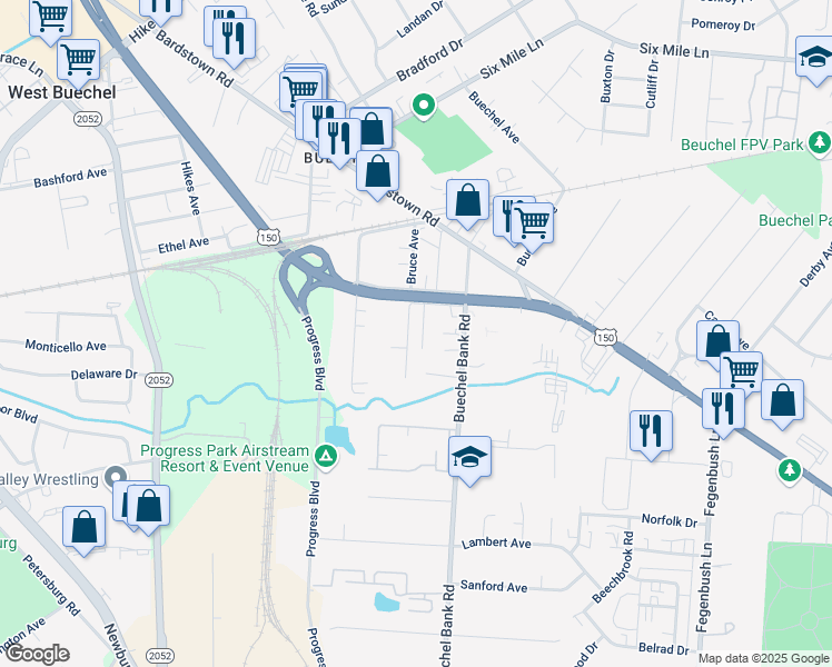 map of restaurants, bars, coffee shops, grocery stores, and more near 2031 Bruce Avenue in Louisville