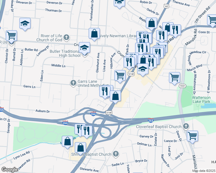 map of restaurants, bars, coffee shops, grocery stores, and more near 4148 Hillview Avenue in Louisville