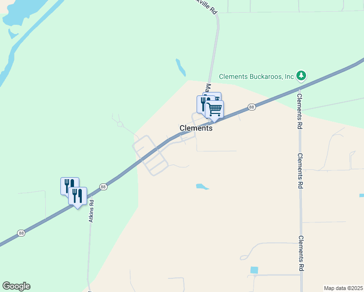 map of restaurants, bars, coffee shops, grocery stores, and more near 18586 Walnut Street in Clements