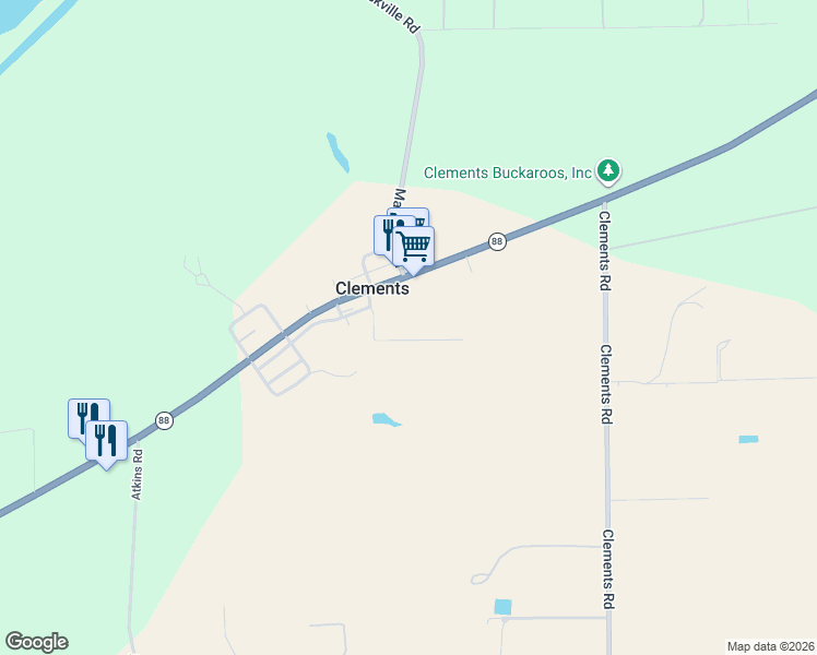 map of restaurants, bars, coffee shops, grocery stores, and more near 18801 Sierra View Court in Clements