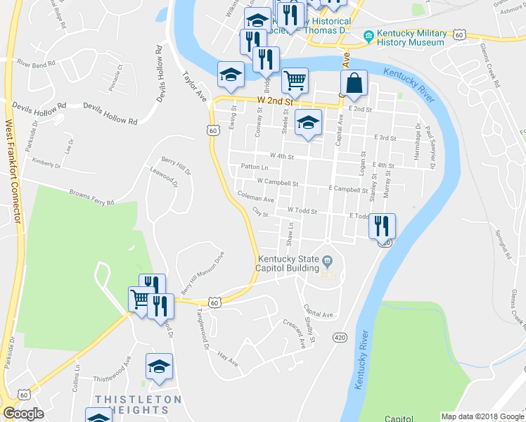 map of restaurants, bars, coffee shops, grocery stores, and more near 305 Clay Street in Frankfort