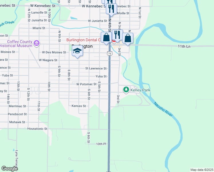 map of restaurants, bars, coffee shops, grocery stores, and more near 602 South 4th Street in Burlington