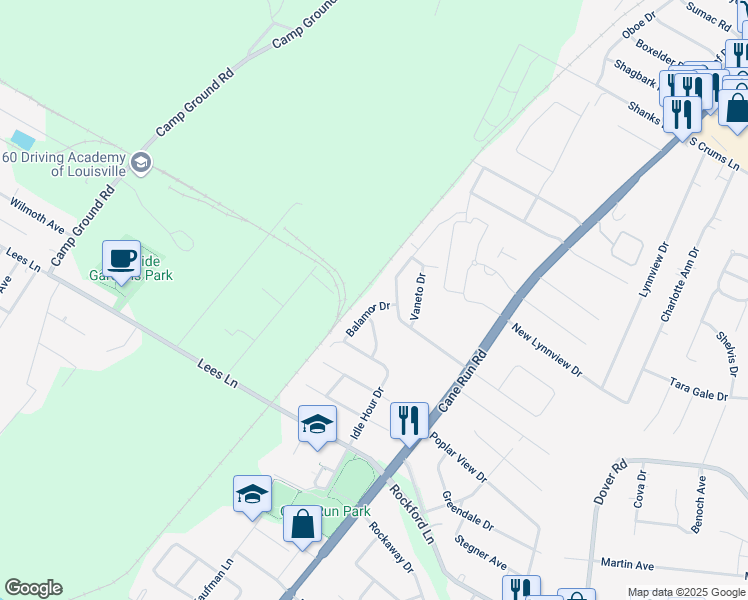 map of restaurants, bars, coffee shops, grocery stores, and more near 4600 Balamor Drive in Louisville