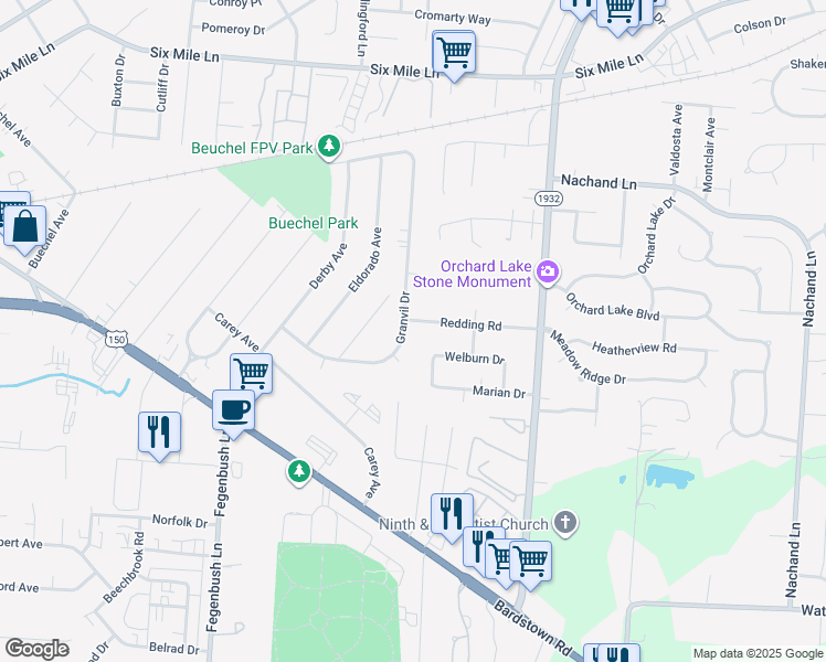 map of restaurants, bars, coffee shops, grocery stores, and more near 317 Redding Road in Louisville