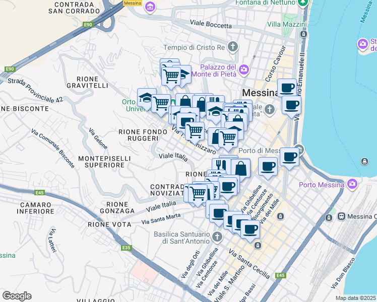 map of restaurants, bars, coffee shops, grocery stores, and more near 147 Viale Italia in Messina