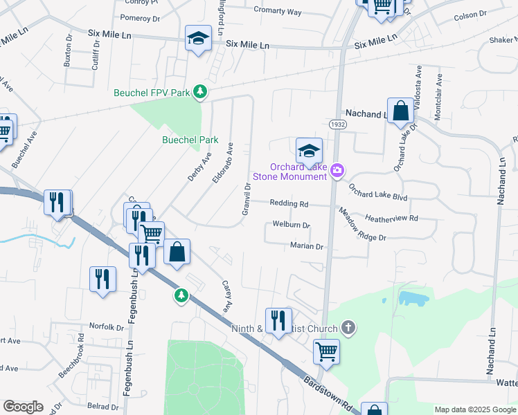 map of restaurants, bars, coffee shops, grocery stores, and more near 317 Redding Road in Louisville