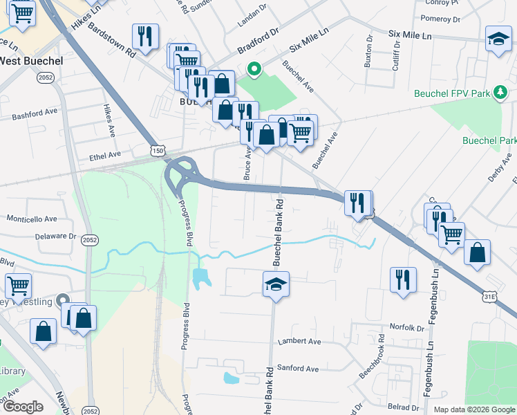 map of restaurants, bars, coffee shops, grocery stores, and more near 2127 Buechel Bank Road in Louisville