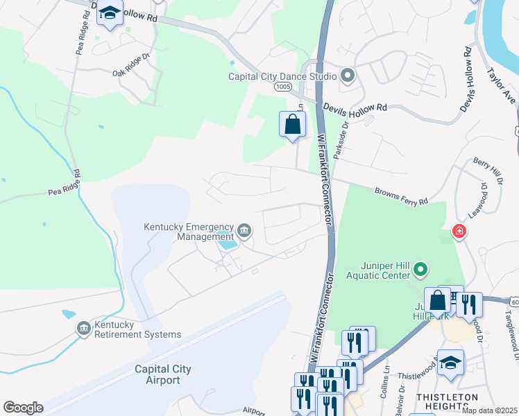 map of restaurants, bars, coffee shops, grocery stores, and more near 300 Ashland Drive in Frankfort