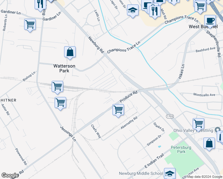 map of restaurants, bars, coffee shops, grocery stores, and more near 3553 Bluegrass Park Drive in Watterson Park