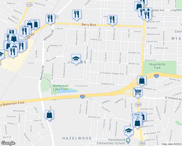 map of restaurants, bars, coffee shops, grocery stores, and more near 3751 Parthenia Avenue in Louisville