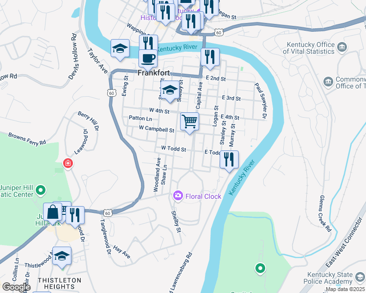 map of restaurants, bars, coffee shops, grocery stores, and more near 116 West Todd Street in Frankfort