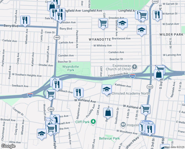 map of restaurants, bars, coffee shops, grocery stores, and more near 3734 Warren Avenue in Louisville
