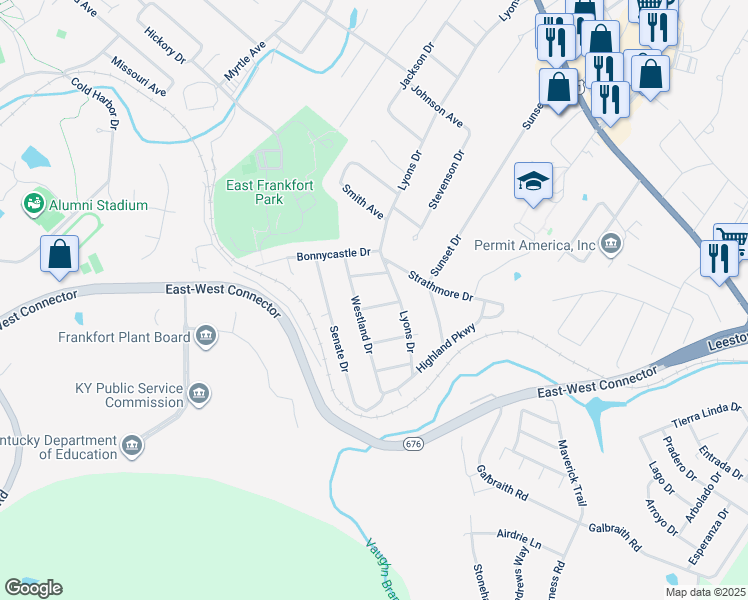 map of restaurants, bars, coffee shops, grocery stores, and more near 255 Kingsway Drive in Frankfort