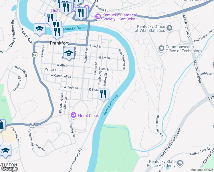 map of restaurants, bars, coffee shops, grocery stores, and more near 509 Murray Street in Frankfort