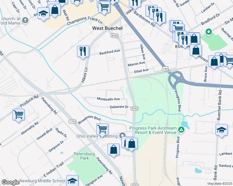 map of restaurants, bars, coffee shops, grocery stores, and more near 5208 Gathwright Drive in Louisville