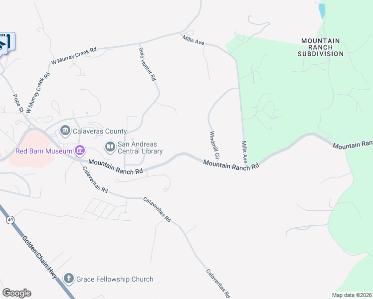 map of restaurants, bars, coffee shops, grocery stores, and more near 1495 Mountain Ranch Road in San Andreas