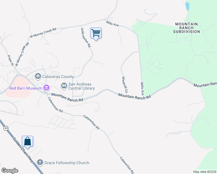 map of restaurants, bars, coffee shops, grocery stores, and more near 1495 Mountain Ranch Road in San Andreas