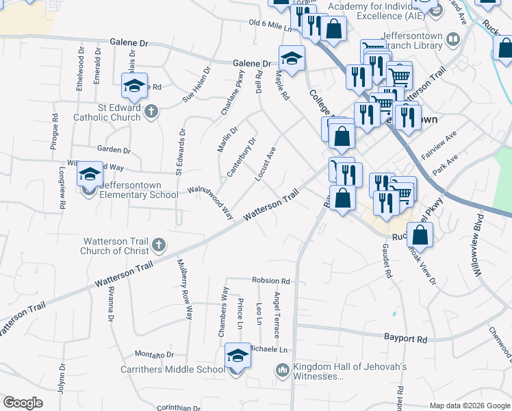 map of restaurants, bars, coffee shops, grocery stores, and more near 10113 Watterson Trail in Jeffersontown