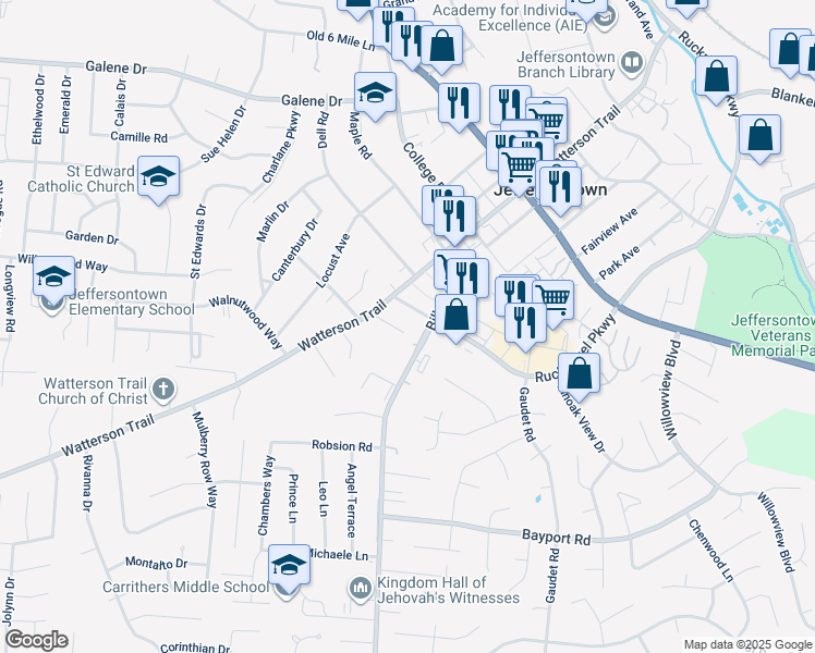 map of restaurants, bars, coffee shops, grocery stores, and more near in Louisville