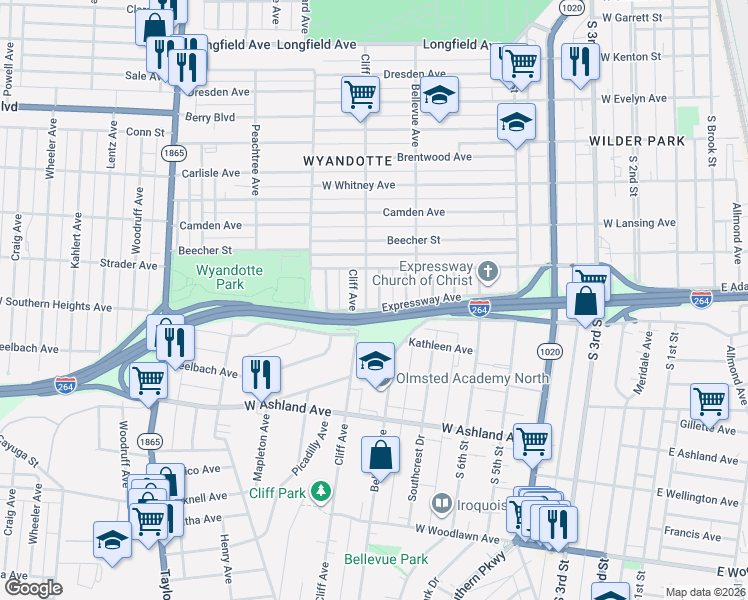 map of restaurants, bars, coffee shops, grocery stores, and more near 3724 Center Street in Louisville