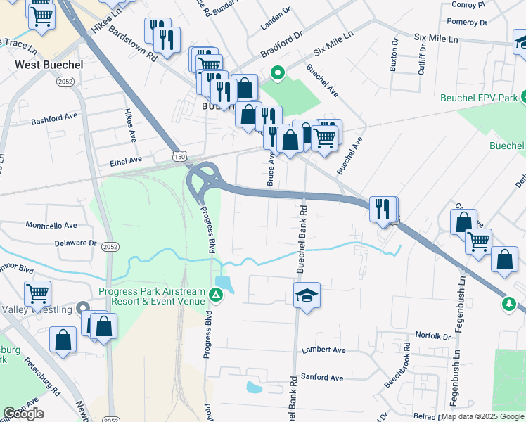 map of restaurants, bars, coffee shops, grocery stores, and more near 2031 Bruce Avenue in Louisville