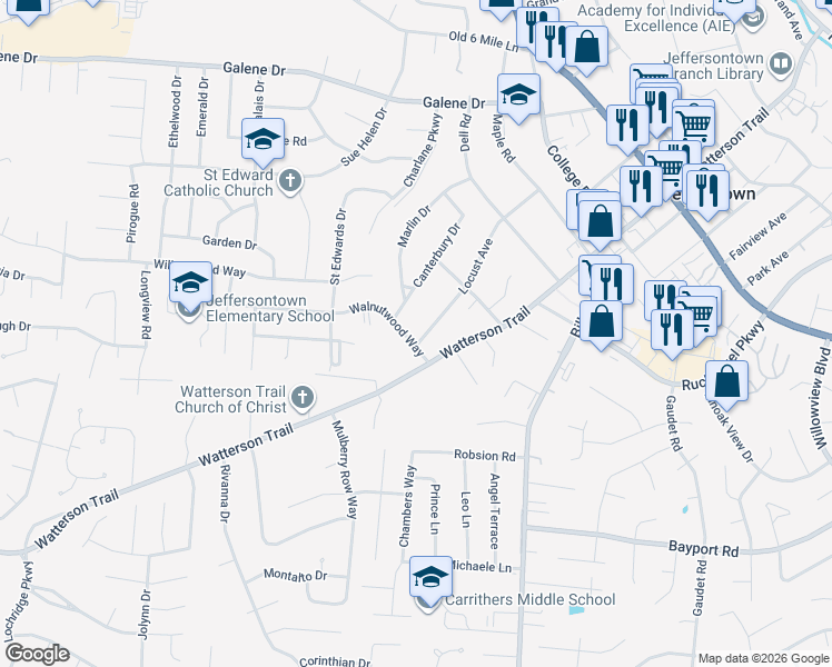map of restaurants, bars, coffee shops, grocery stores, and more near 3725 Locust Avenue in Jeffersontown