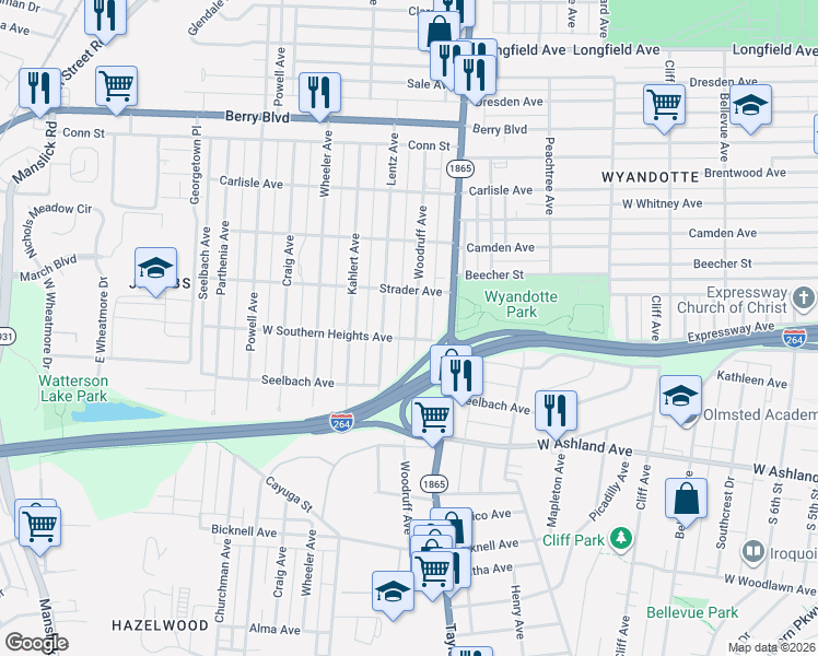 map of restaurants, bars, coffee shops, grocery stores, and more near 3724 Woodruff Avenue in Louisville