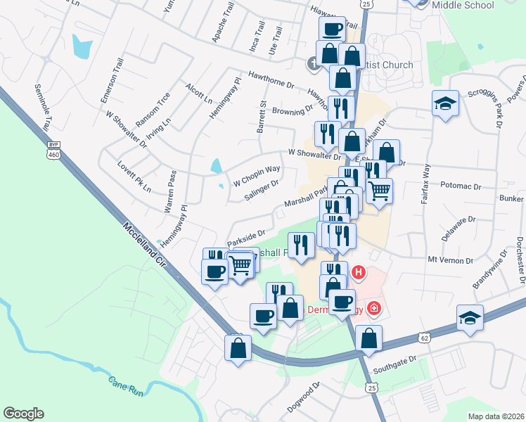 map of restaurants, bars, coffee shops, grocery stores, and more near 1009 Marshall Park Drive in Georgetown