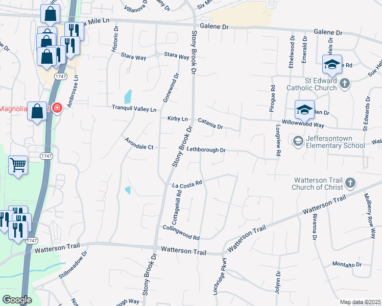 map of restaurants, bars, coffee shops, grocery stores, and more near 8908 Lethborough Drive in Jeffersontown
