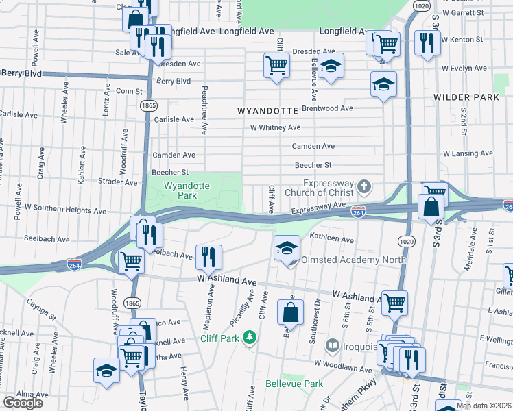 map of restaurants, bars, coffee shops, grocery stores, and more near 3725 Warren Avenue in Louisville