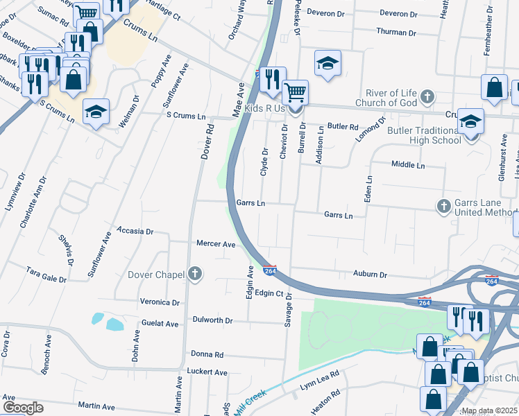 map of restaurants, bars, coffee shops, grocery stores, and more near 2314 Garrs Lane in Louisville