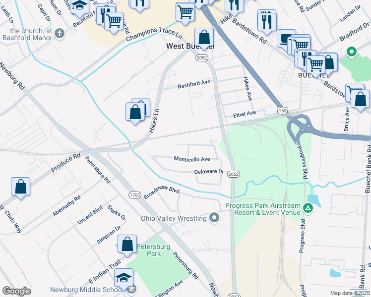 map of restaurants, bars, coffee shops, grocery stores, and more near 5112 Gathwright Drive in Louisville