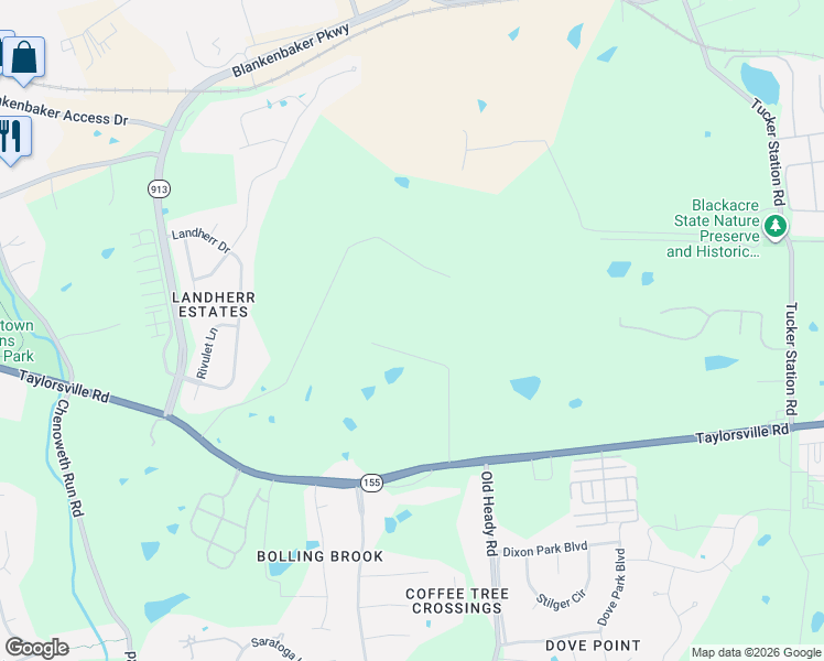 map of restaurants, bars, coffee shops, grocery stores, and more near 3621 Taxus Trail in Jeffersontown