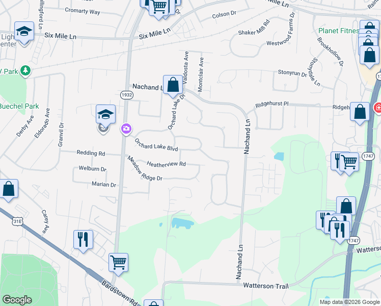 map of restaurants, bars, coffee shops, grocery stores, and more near 7210 Orchard Lake Boulevard in Louisville