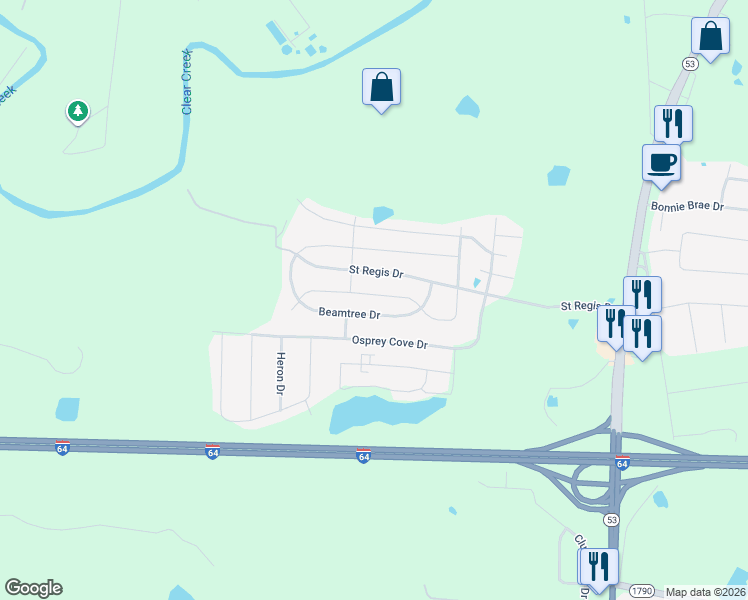 map of restaurants, bars, coffee shops, grocery stores, and more near 6049 Edgemont Way in Shelbyville
