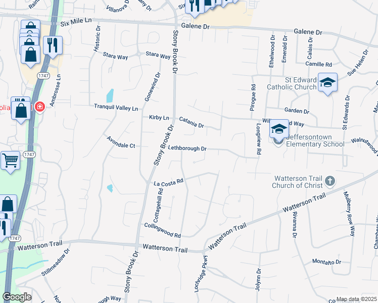 map of restaurants, bars, coffee shops, grocery stores, and more near 9006 Lethborough Drive in Louisville