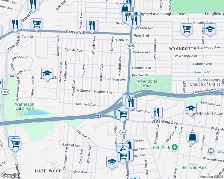 map of restaurants, bars, coffee shops, grocery stores, and more near 3724 Woodruff Avenue in Louisville