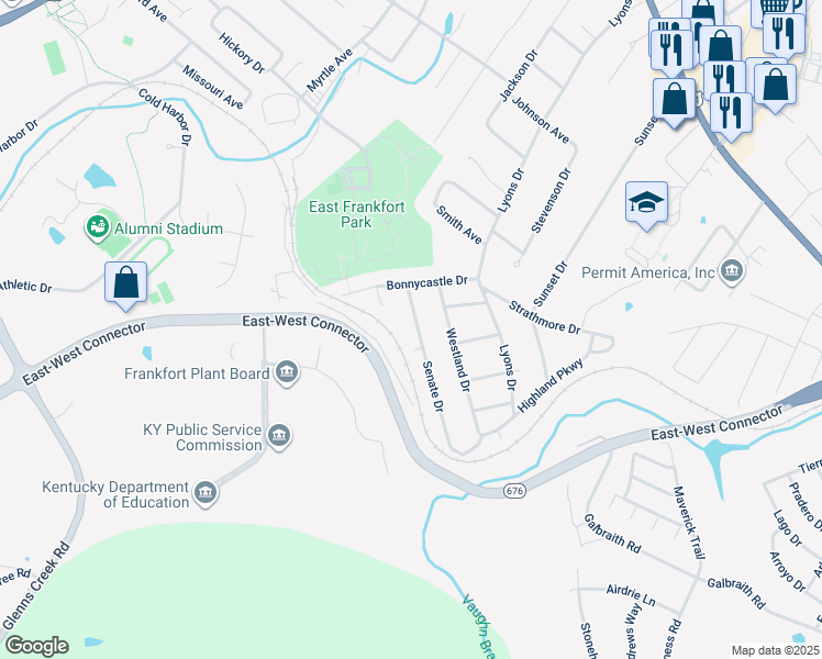 map of restaurants, bars, coffee shops, grocery stores, and more near 313 Senate Drive in Frankfort