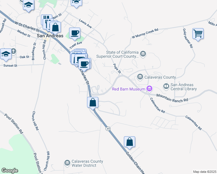 map of restaurants, bars, coffee shops, grocery stores, and more near 679 Mountain Ranch Road in San Andreas