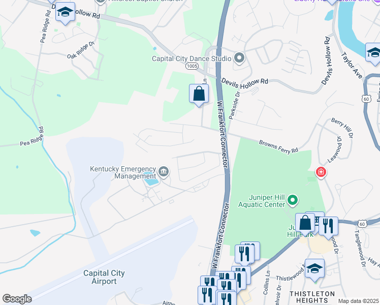 map of restaurants, bars, coffee shops, grocery stores, and more near 216 Ashland Drive in Frankfort