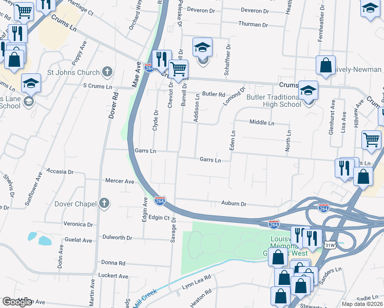 map of restaurants, bars, coffee shops, grocery stores, and more near 4052 Addison Lane in Louisville