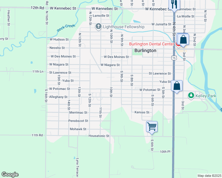map of restaurants, bars, coffee shops, grocery stores, and more near West Potomac Street in Burlington