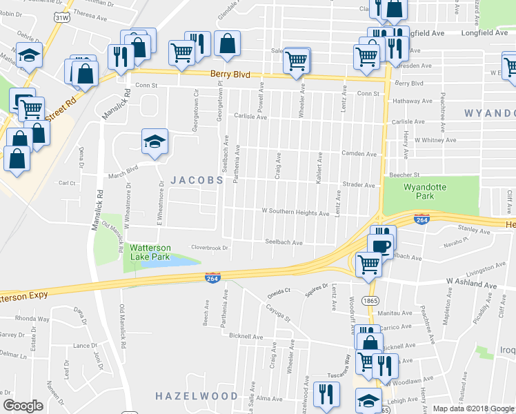 map of restaurants, bars, coffee shops, grocery stores, and more near 3739 Powell Avenue in Louisville