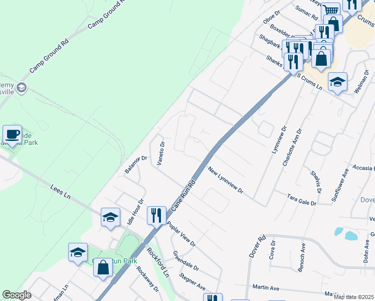 map of restaurants, bars, coffee shops, grocery stores, and more near 3429 Mary OConnor Drive in Louisville