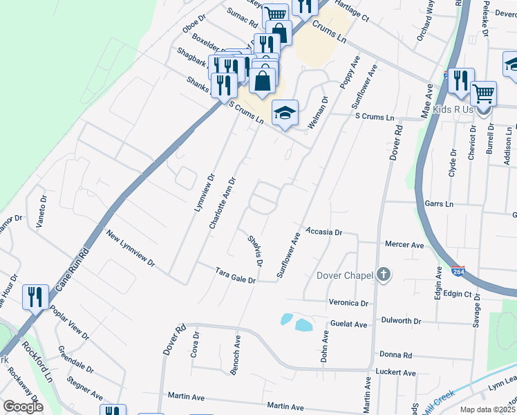 map of restaurants, bars, coffee shops, grocery stores, and more near 4411 Sunset Circle in Louisville