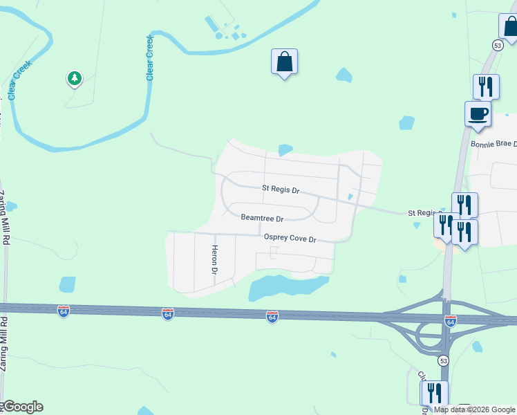 map of restaurants, bars, coffee shops, grocery stores, and more near 6063 Edgemont Way in Shelbyville