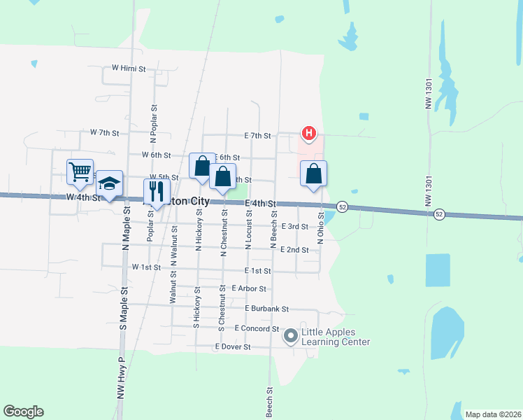 map of restaurants, bars, coffee shops, grocery stores, and more near 300-316 Locust Street in Appleton City