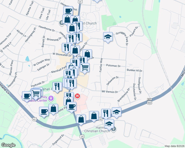 map of restaurants, bars, coffee shops, grocery stores, and more near 1317 Fairfax Way in Georgetown