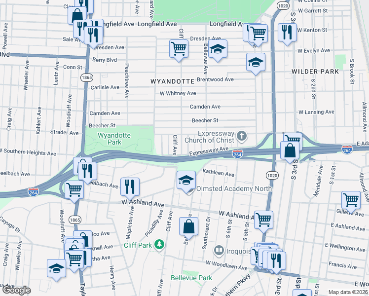 map of restaurants, bars, coffee shops, grocery stores, and more near 3724 Center Street in Louisville