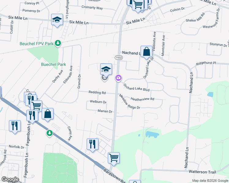 map of restaurants, bars, coffee shops, grocery stores, and more near 200 Redding Road in Louisville